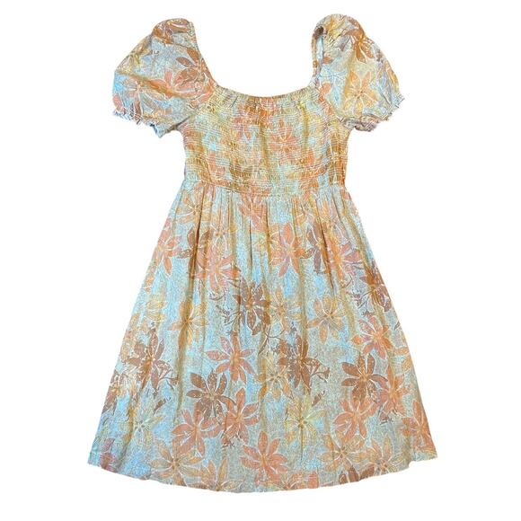 ROXY Peach Floral Mini Sundress Sun Dress Soft Smocked Babydoll Size SMALL - Picture 1 of 7
